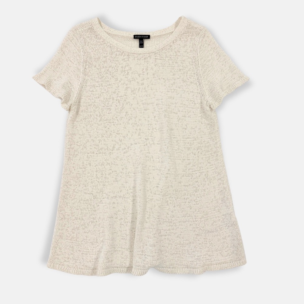 Eileen Fisher Organic Cotton Open Knit Short Sleeve Sweater Ecru XL Quiet Luxury - Picture 2 of 7